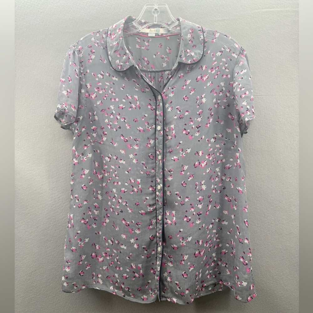 Boden Sheer Peter Pan Collar Printed Short Sleeve Button Down Blouse Size 12